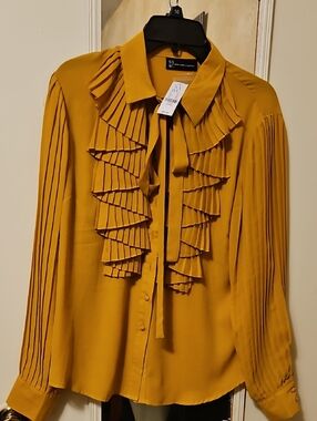 New York & Company Mustard Pleated Ruffle Tie-Neck Blouse, NWT
